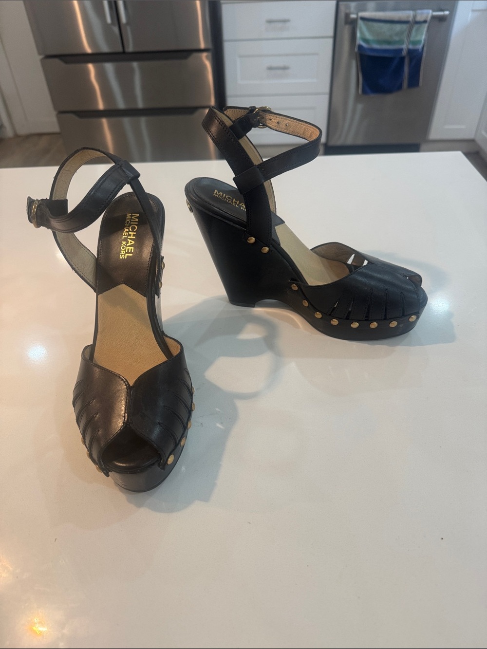 MICHAEL Michael Kors Black Leather Studded Wedge Sandals Y2K